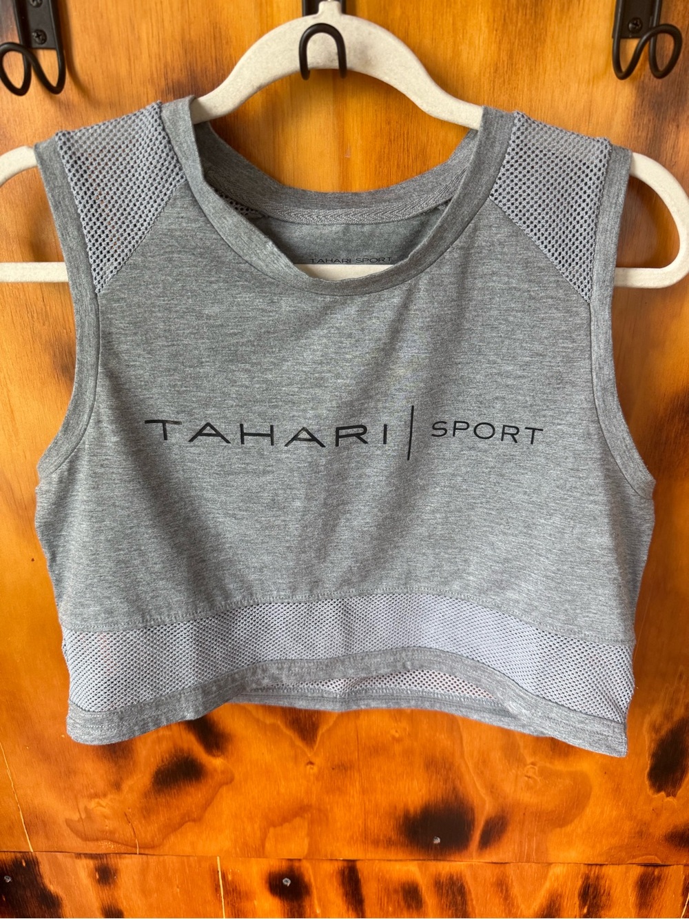 Tahari Gray Mesh-Accent Cropped Sport Tank